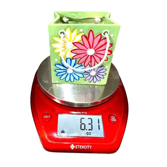 Ceramic Gift Bag Planter Vase Pen Cup Green Multicolor 1980s Floral Pattern 4" - Picture 9 of 9